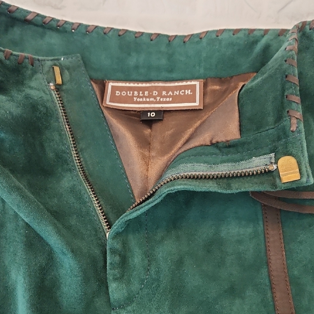Double D Ranch Green Suede A-Line Skirt with Brown Trim - Picture 6 of 8